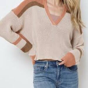 Free People V-Neck Colorblock Cropped Sweater - Beige & Rust